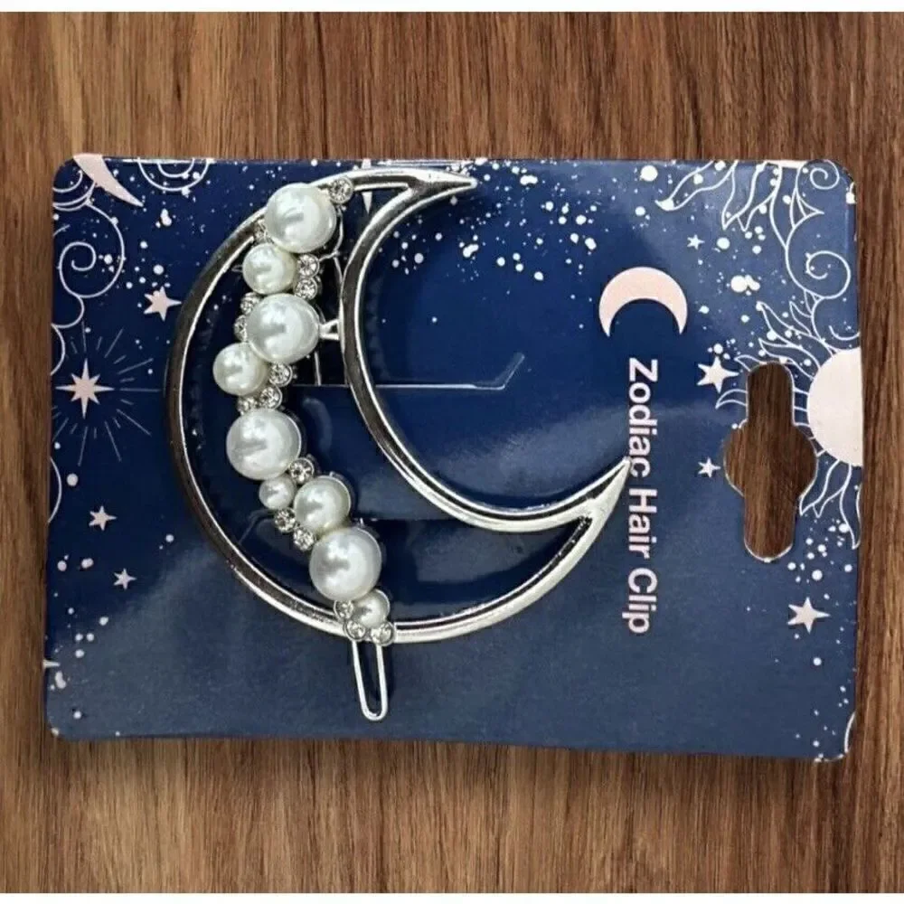 NWT 2 Inch Zodiac Gold Plated Metal Imitation Pearl Half Moon Hair Clip Barrette